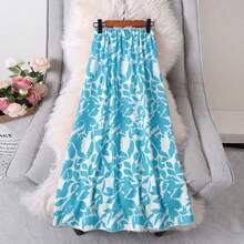 Women's Holiday Plant Print Elastic Waist Long Midi Skirt - Light Blue Flowers On White Background - View 2