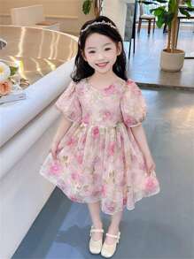 Girls Toddler Cute Floral Mesh Short Sleeve Princess Dress, Children Summer Outfit