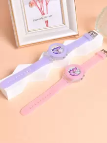 2pcs/Set Dual-Display LED Light Watch For Girls, Cartoon Unicorn Butterfly Animal Pattern Quartz Wristwatch - Multicolor - View 6