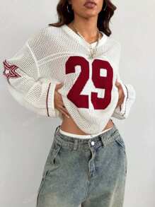 Plus Size Women's Numeric Hollow-Out Drop Shoulder Long Sleeve Sweater