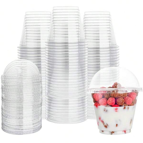 100/60/40pcs250ML/9OZ Clear Plastic Cups With Dome Lid, Dessert Cups With Lid, Disposable Cake Cups, Party Cups, Drink Plastic Cups Cupcakes For Party And Daily Use