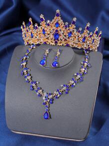 Bộ 4 chiếc/Bộ vòng cổ và hoa tai vương miện pha lê phong cách Baroque thanh lịch, thích hợp cho đám cưới và sự kiện - Màu xanh lam - Xem 2