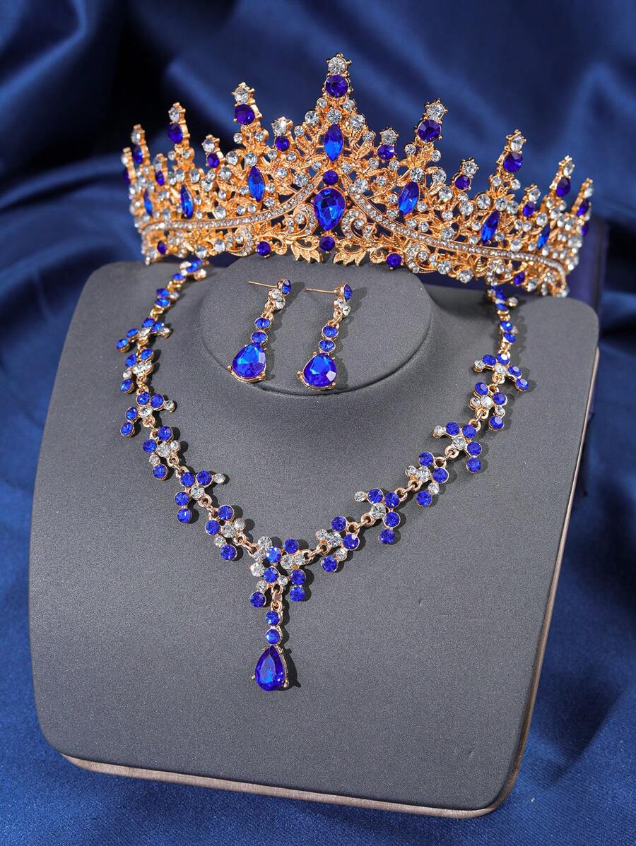 Bộ 4 chiếc/Bộ vòng cổ và hoa tai vương miện pha lê phong cách Baroque thanh lịch, thích hợp cho đám cưới và sự kiện