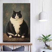 Framed 1pc Fat Cat Victorian Portrait Canvas Wall Art, Whimsical Black White Feline Decor With Ornate Floral Background, Wooden Framed & Ready To Hang For Living Room, Bedroom, Office, Kitchen, 2D, Perfect For Room Decor - Framed - View 3