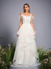 Off-The-Shoulder High-End Pearl Beaded Mesh Wedding Dress,Bride - White - View 2