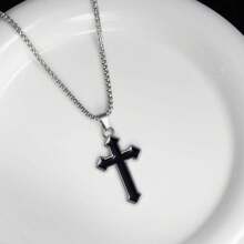 1pc Black Cross Pendant Necklace With Silver-Tone Metal Chain, Minimalist & Mysterious Design