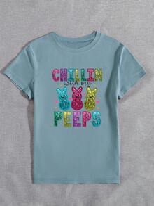 Women's Easter Bunny Graphic Round Neck Casual Loose T-Shirt, Holiday Party Gifts, Suitable For All Seasons - Dusty Blue - View 2