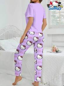 Sanrio Set da notte Hello Kitty Sanrio da 2 pezzi, composto da maglietta a maniche corte con collo tondo e pantaloni lunghi, con stampa a cartoni animati e lettere, pigiama comodo