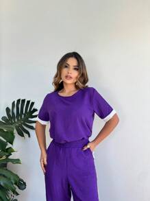 Women's Set: Palazzo Pants And Short-Sleeved Top Summer - 紫色 - 查看 1