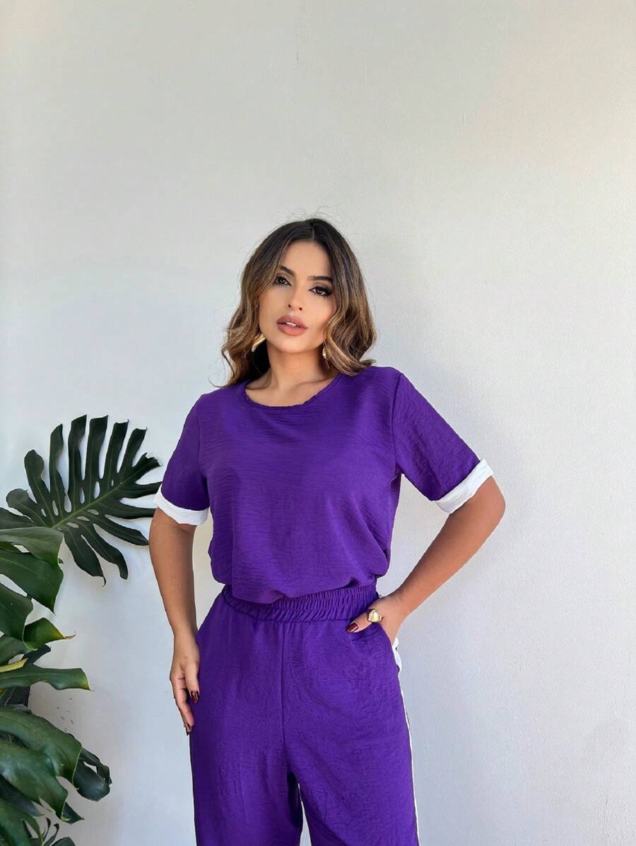 Women's Set: Palazzo Pants And Short-Sleeved Top Summer - 紫色 - 查看 1