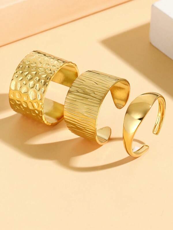 Set de 3 anillos abiertos con textura asimétrica, elegante vintage de acero inoxidable chapado en oro de 18K, accesorio antidesgaste apto para uso diario