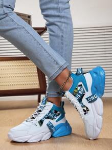 Women's Comfortable High-Top Casual Sports Shoes, Outdoor Running Thick-Sole Basketball Sneakers - Blue and White - View 3