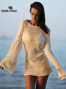 Sexy See Through U Neck Backless Knit Dress 2025 Summer Cut Out Beach Mini Dress Beachwear Swimsuit Cover Up