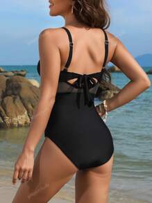 1pc Metal-Decor Mesh Splicing Adjustable Strap Conservative Yet Sexy Women's Swimsuit, Suitable For Beach & Vacation