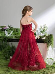 Tween Girls' Sparkly Strapless Jumpsuit With Mesh Overlay At Waist - Red - View 4