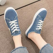 Women's Canvas Slip-On Sneakers, Breathable No Back Slouchy Slip-On Flat White Casual Shoes, Versatile For Students - Blue - View 2