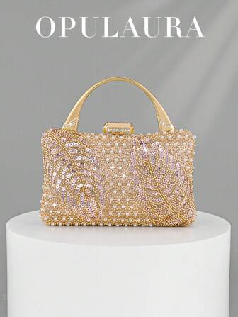 OpulAura 女士奢华、迷人、优雅的亮片刺绣手提包、复古晚礼服配饰手拿包、迷你闪亮水晶装饰盒式晚宴钱包、高端女士派对包，适合婚礼、正式活动、联欢晚会、返校派对、主题派对