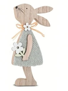 1 Pair 8x18cm Wooden Easter Bunny Decor, Hand-Painted DIY Wooden Craft Tabletop Bunny Figurines