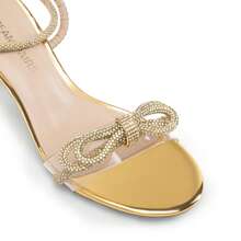Women Double Bowknots Crystal Heeled Sandals Comfortable Chunky Low Heels Clear Slingback Summer Sandals For Wedding Bridal Party - Gold - View 8