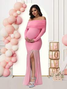 Maternity Long Sleeve Off Shoulder Dress Solid Color Mesh Paneled Split Hem Gown For Baby Shower Photoshoot Party