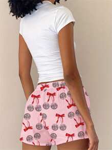 Women's Summer Pajamas Set Short Sleeve Heart/Bow/Fruit Print Tops Shorts Sleepwear Sets - Watermelon Red - View 3