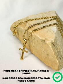 Corrente Cordão Masculino longo 70cm Fininho 2mm Elo Baiano Crucifixo Cruz Pequena Dourado Aço Inox