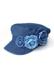 1pc Women's Washed Denim Beret Hat With Flower Embroidery, Fashion Minimalist Artist Hat, Elegant Retro Flat Top Octagonal Cap Suitable For Spring/Summer Outdoor, Shopping