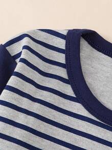 Boys Striped Print Home Outfit Set, Cotton Warm Sleepwear For Older Kids, Spring & Autumn - Navy Blue - View 4