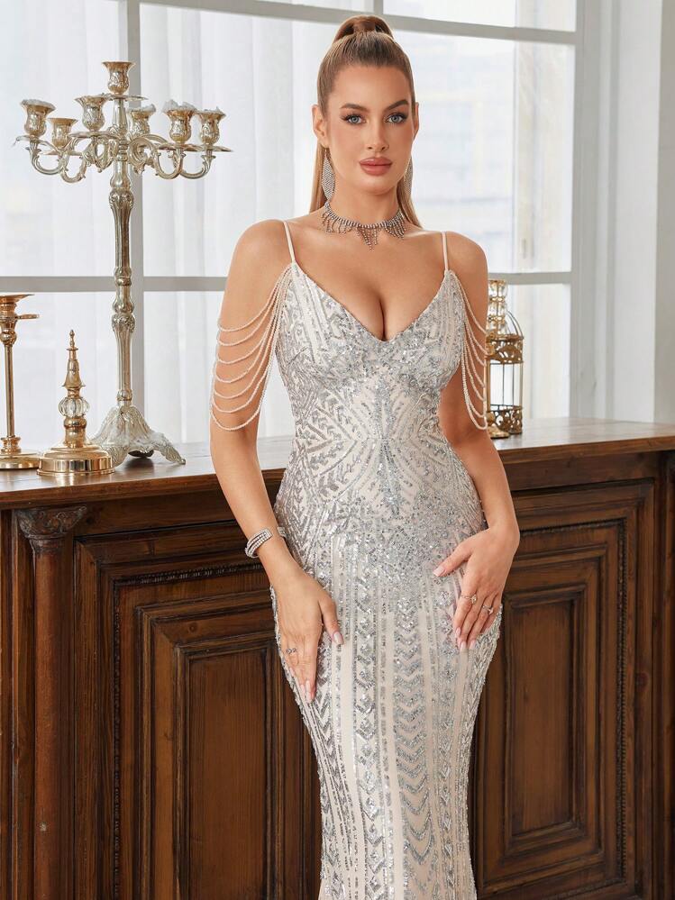 Vestido de fiesta de mujer con decoración de lentejuelas, vestido de noche sirena con tirantes finos, vestido de invitada de boda, vestido formal - Plateado - Añade 8