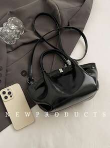 1 件 Low Tea 纯色 PU 皮革女士手提包，休闲时尚饺子形状双手柄设计按扣适合旅行、购物、约会、女士礼物，适合青少年、女大学生、初学者和白领，非常适合办公室、校园、工作、商务、通勤、户外、旅行、徒步旅行 - 黑色 - 查看 3