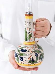 釉下手绘绿色陶瓷橄榄油瓶，防漏油醋分配罐，适合家庭厨房使用