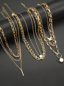 7pcs Set Elegant Vintage Stylish Pearls Crystal Rhinestone Heart Geometric Vertical Stripe Chain Minimalist Metal Pendant Multilayer Necklace, Fashion Jewelry Gift Set For Holiday Party Date Daily Wear - Yellow Gold - View 3