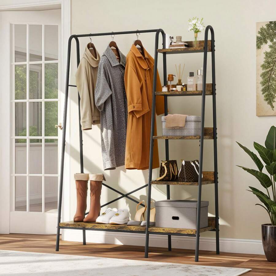 Yitahome Coat Rack Stand With Shoe Storage, Industrial Hall Tree With 5 Shelves Garment Rack Open Wardrobe Clothes Rail For Bedroom Hallway Entryway - Brown - View 1