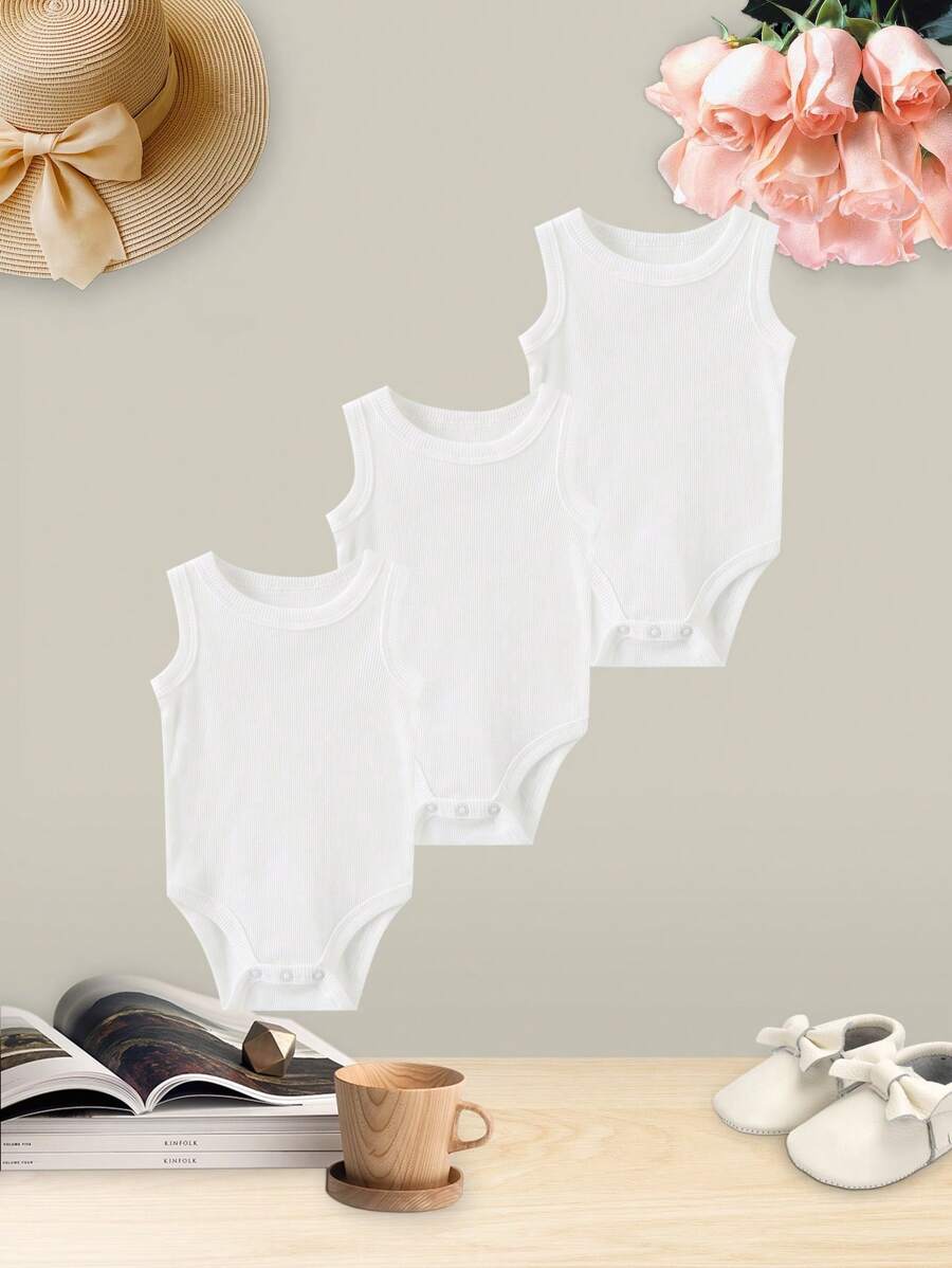 3 件装 0-12 个月宝宝无袖连体衣 可爱圆领纯棉幼儿服装 四季款 - 白色 - 查看 1