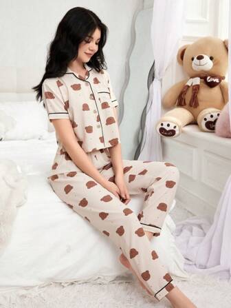 Teen Girl 2pcs Soft Cute Brown Bear Graphic Pants & Button Front Top Home Set