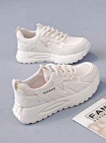 1 Pair Women's Breathable Mesh Platform Sneakers, Thick Bottom Lace-Up Fashion Casual Sport Shoes