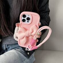 Bow-Knot A Sweet Pink IPhone Case With Big Bowknot & Handy Wrist Strap ,Diy Phone Case Compatible With SAMSUNG IPhone16/7/8/11/12/13/14/15/X/XR/Xs/Plus/Pro/Pro Max/SE2