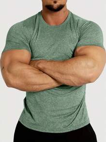 Men's Solid Color Sports Short Sleeve Compression Crew Neck T-Shirt, Summer Outdoor Activewear - Green - View 3