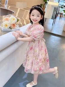 Girls Toddler Cute Floral Mesh Short Sleeve Princess Dress, Children Summer Outfit