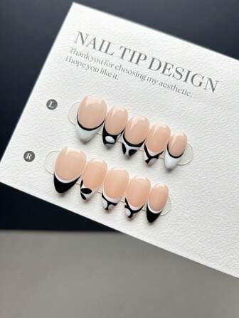 10 件手工制作的短杏仁指甲片，时尚简约风格，手绘黑白不对称法式指甲设计，裸色底色，精致假指甲套装适合女士和女孩日常佩戴，附带指甲套装按压式指甲美甲用品指甲