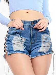 Shorts vaqueros con cordones laterales, rasgados y con bajo deshilachado - Celeste - Ver 1