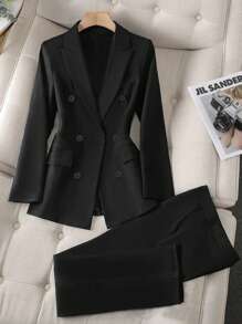 Women's Spring/Autumn Suit Set With 6-Button Long Sleeve Blazer & Ankle Pants - Black - View 9