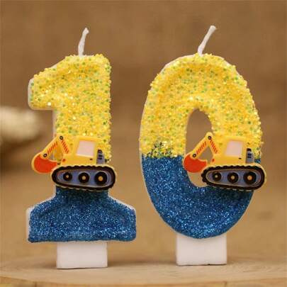 1pc Shiny Blue & Yellow Construction Truck Numeral Candle - Architecture & Engineering Theme Truck Number Candle 0-9 For Birthday Cake Decoration, Happy Birthday Celebration, Suitable For Engineers, Interesting Flashing Birthday Candle Cake Decoration For Birthday Party, Anniversary Celebration