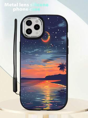 Snake1pc 黑色 TPU 美丽海景夜景图案防震手机壳和 1pc 黑色硅胶挂绳，兼容 iPhone/Android 智能手机/OPPO，兼容 Iphone 14 Pro Max、iPhone 15 Pro Max、iPhone 13 Pro Max、Galaxy S23 Ultra、Galaxy A03、Galaxy A13 4G、Galaxy A23 5G、Galaxy A32 4G、Galaxy A52、Galaxy A52s 5G、Galaxy A05S、Galaxy A14、Galaxy A15、Galaxy A54 5G、OPPO A16、Redmi 12C、11A