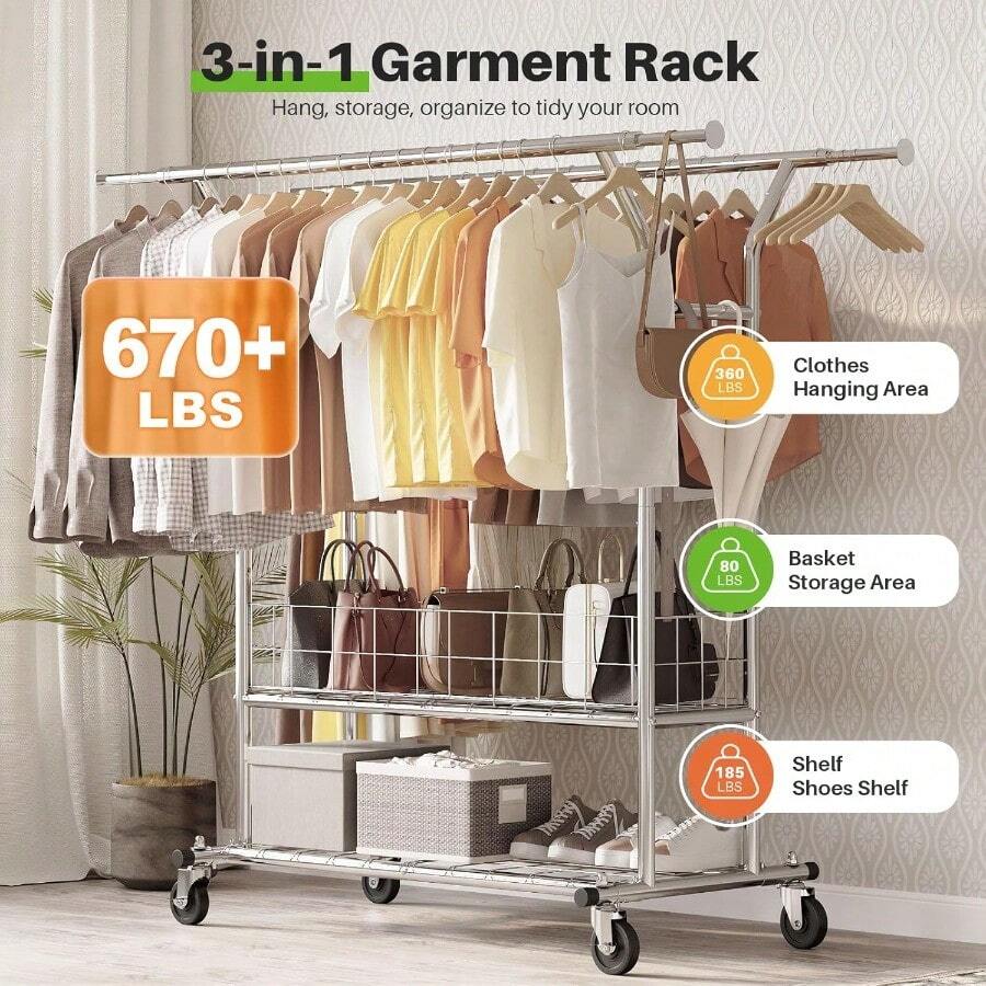 Ktaxon Heavy Duty Wire Garment Rack Adjustable Shelves Hanging Rods Space Saving Closet Organizer