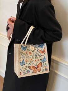 Mini Lunch Bag, Fashionable Floral & Butterfly Print Lunch Tote For Women, Handheld Lunch Box Bag For Commuting, School, Picnic - Multicolor - View 4