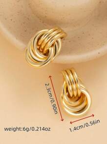 1 paire de boucles d'oreilles cloutées en alliage de ton doré à la mode avec design noué multi-tours pour femmes, boucles d'oreilles pendantes à double anneau, boucles d'oreilles pendantes uniques. Cadeau d'anniversaire pour épouse - Doré - Voir 4