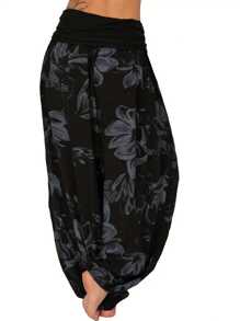 Plus Size Women's Printed Loose Fit Long Pants - Black - View 2
