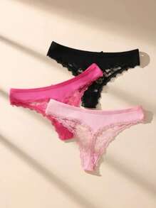 3pcs/Set Women Solid Color Sexy Lace G-String, Breathable Stretchy V-Shape Strappy Comfortable Fitted Panties