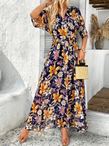 PoPoHouse 女士假日印花束腰连衣裙，情人节装扮，海滩度假服饰 - 藏蓝色 - 查看 5